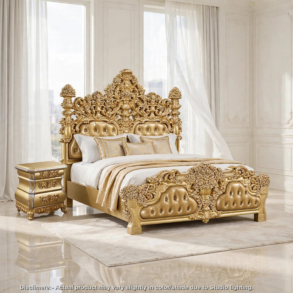 2pc King Bedroom Set, Upholstered Design, Gold, Nightstand