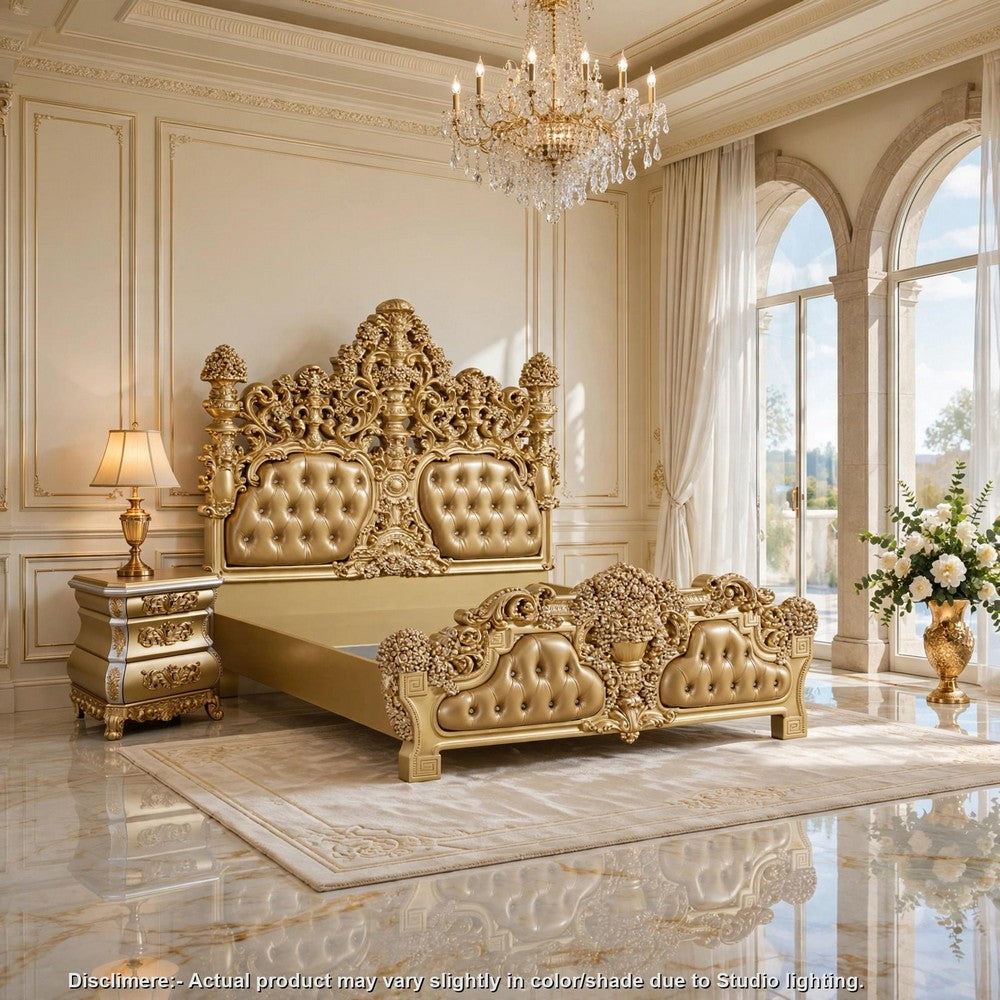 2pc King Bedroom Set, Upholstered Design, Gold, Nightstand