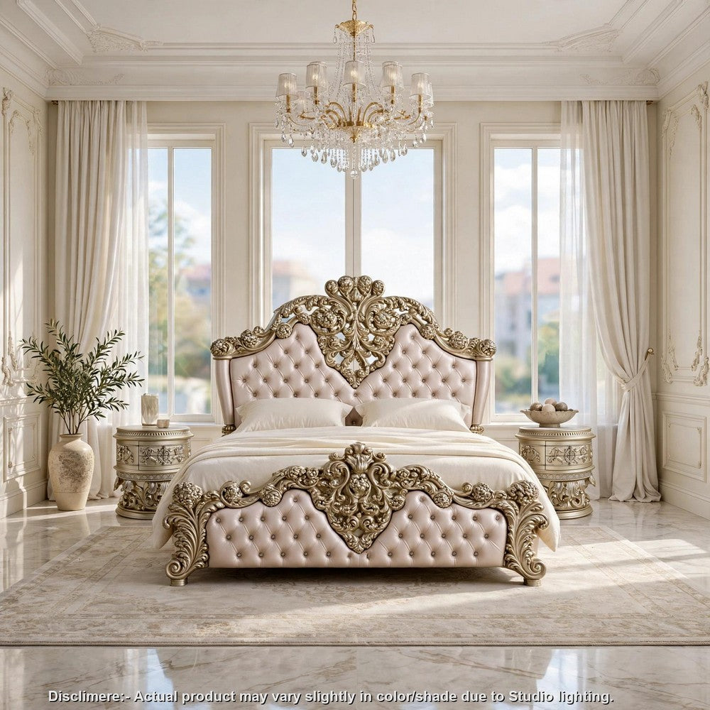 3pc King Bedroom Set, Upholstered Design, Silver, 2 Nightstands