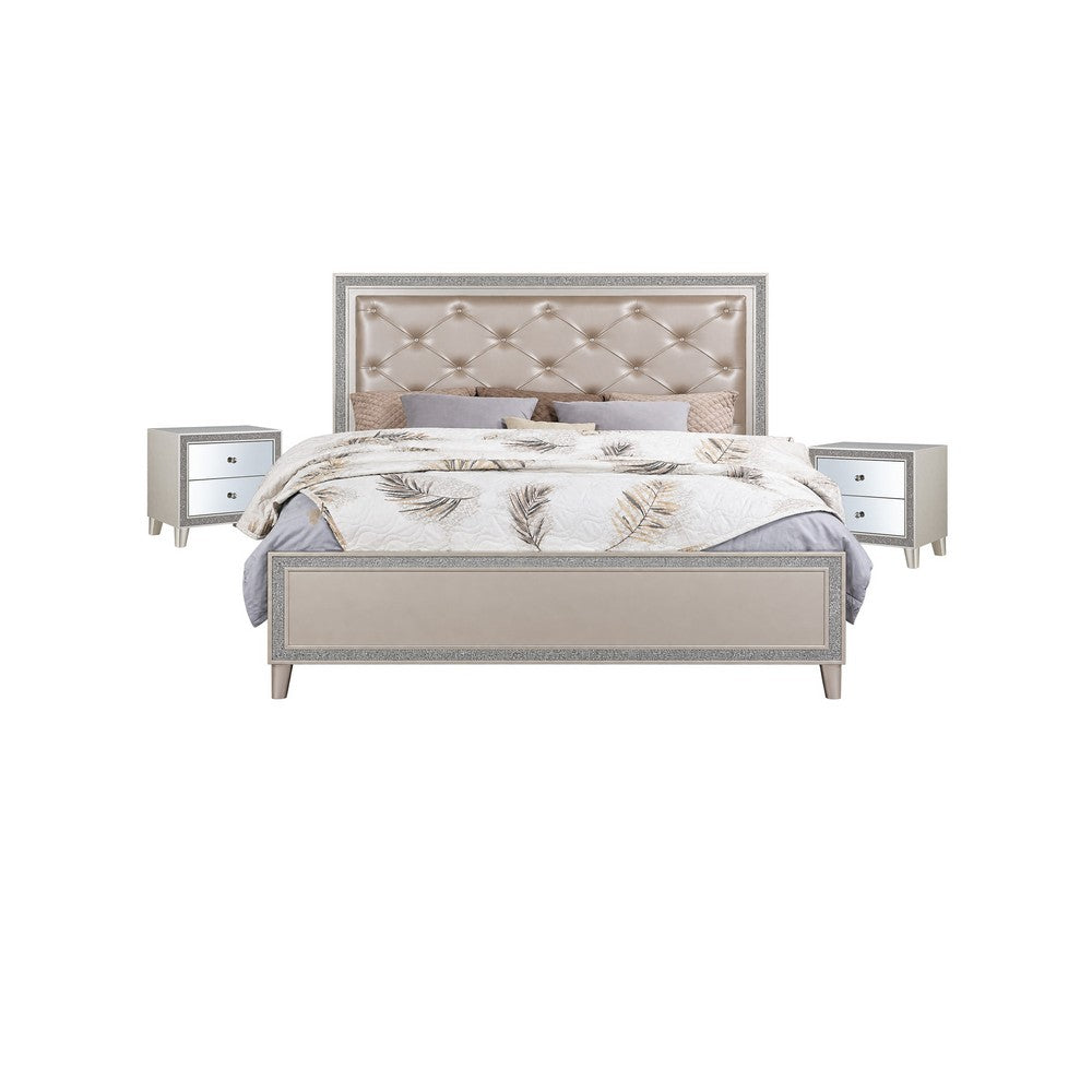3pc King Bedroom Set | Upholstered Design | Silver | 2 Nightst&s
