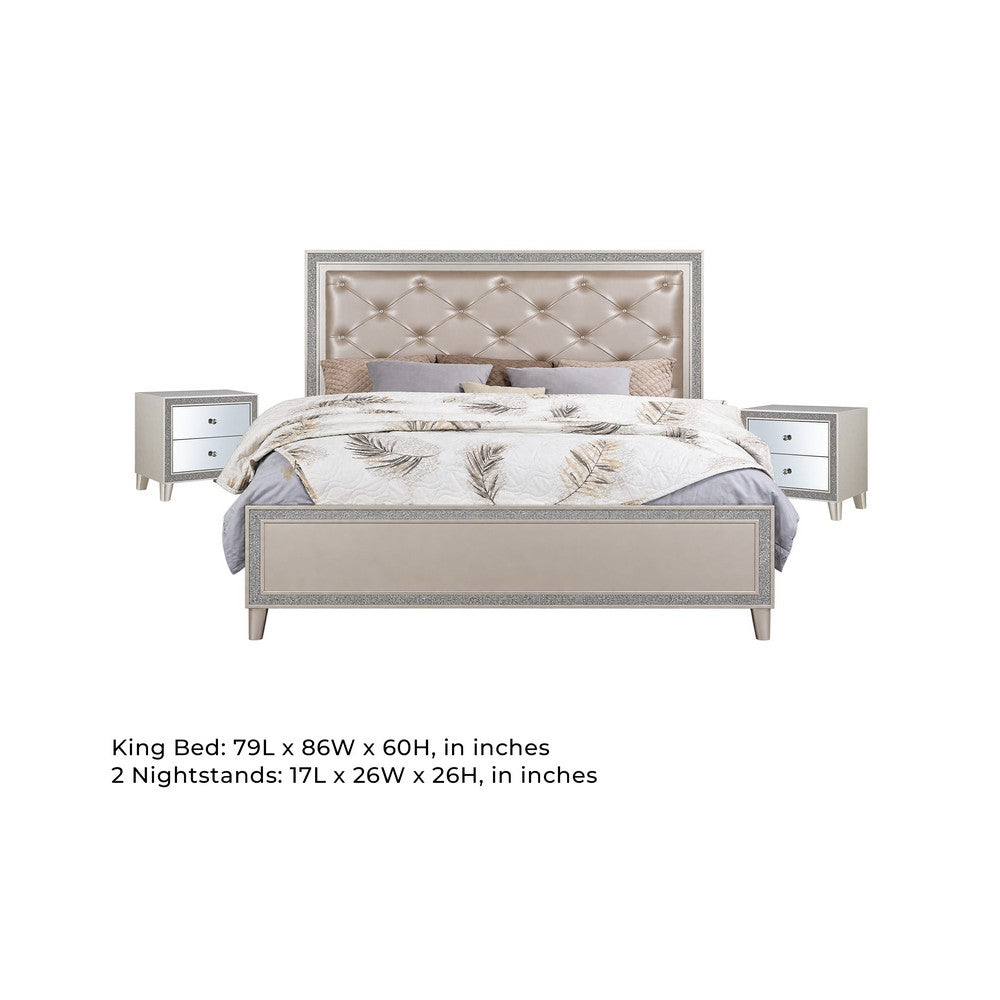 3pc King Bedroom Set | Upholstered Design | Silver | 2 Nightst&s