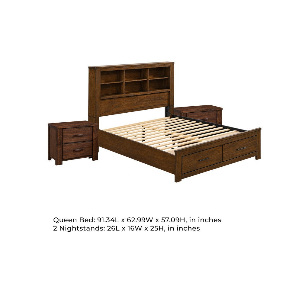 3pc Queen Bedroom Set, Storage Design, Brown, 2 Nightstands