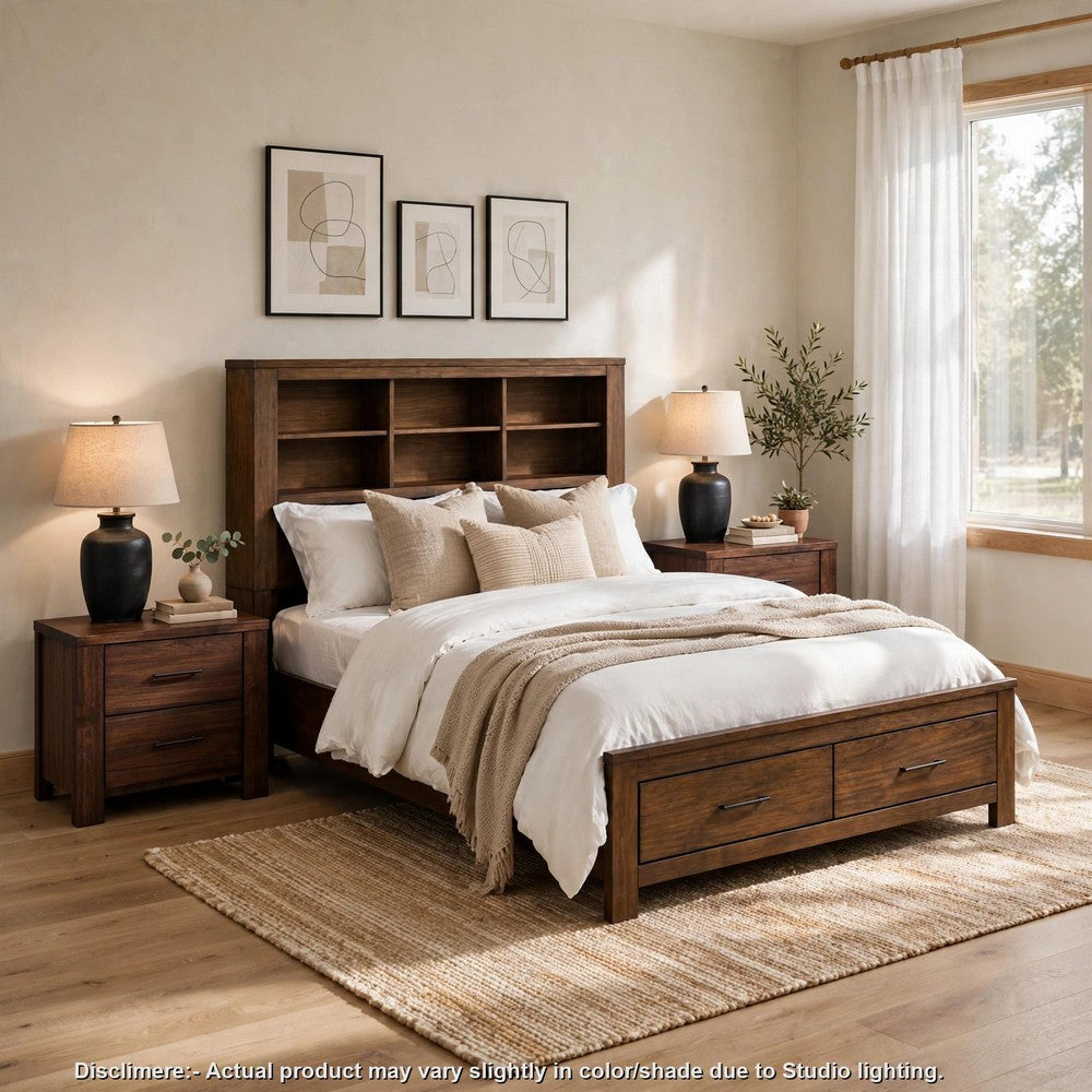 3pc Queen Bedroom Set, Storage Design, Brown, 2 Nightstands