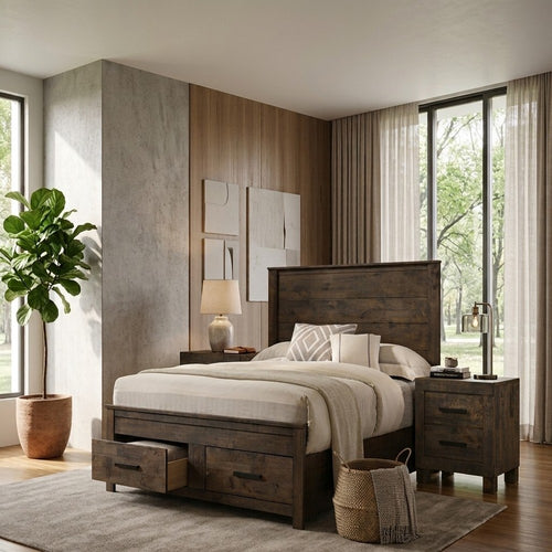 Cal King Bedroom Set, Storage, Brown, Black, 3pc w 2 Nightstands