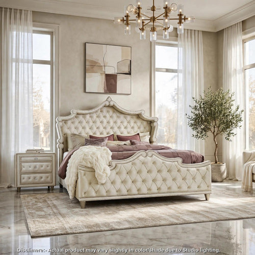 King Bedroom Set, Upholstered Design, Ivory, Brown, 2pc w Nightstand
