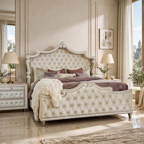 King Bedroom Set, Upholstered, Ivory, Brown, 3pc w 2 Nightstands