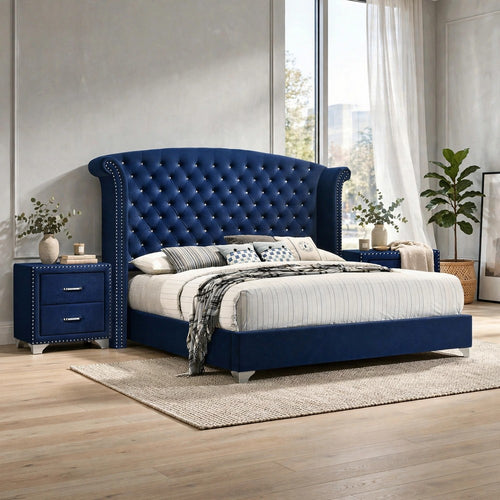 Queen Bedroom Set, Upholstered, Blue, Chrome, 3pc w 2 Nightstands
