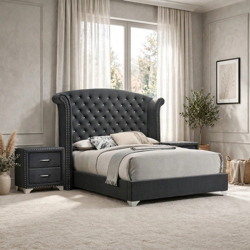 Queen Bedroom Set, Upholstered, Gray, Nickel, 3pc w 2 Nightstands