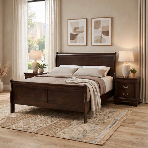Full Bedroom Set, Cappuccino Brown, Nickel, 3pc w 2 Nightstands