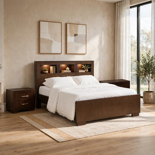Queen Bedroom Set, Bookcase Headboard, Brown, 3pc w 2 Nightstands