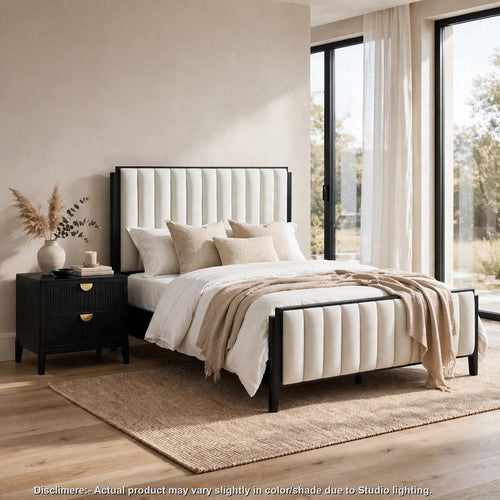 King Bedroom Set, Upholstered Design, Black, Ivory, 2pc w Nightstand