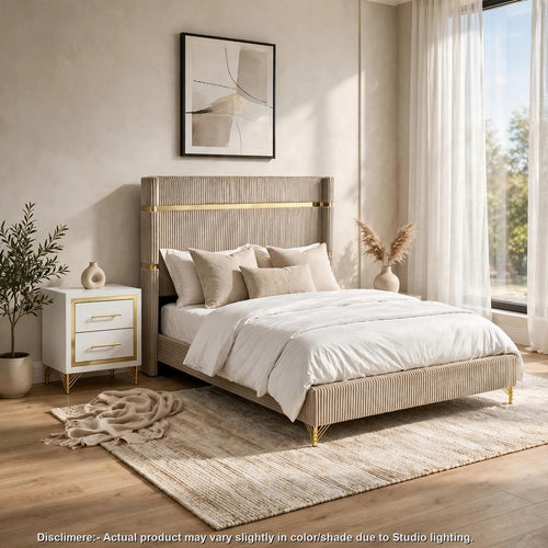 Queen Bedroom Set, Upholstered Design, Beige, Gold, 2pc w Nightstand