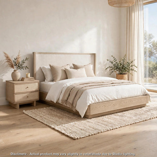 Queen Bedroom Set, Platform Design, Beige, 2pc w NS
