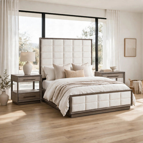 King Bedroom Set, Upholstered, Oak Brown, White, 3pc w 2 Nightstands