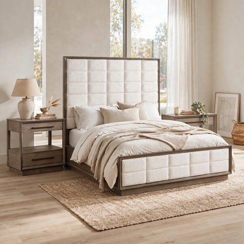 Cal King Bedroom Set, Upholstered, Oak Brown, White, 3pc w 2 Nightstands