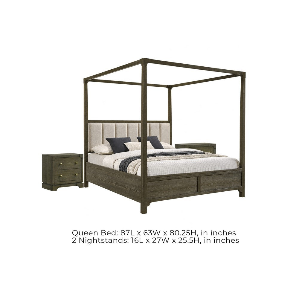 Queen Bedroom Set, Dark Cocoa Brown, Ivory, 3pc w 2 Nightstands