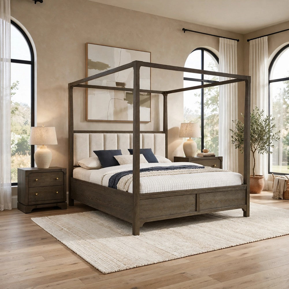 Queen Bedroom Set, Dark Cocoa Brown, Ivory, 3pc w 2 Nightstands