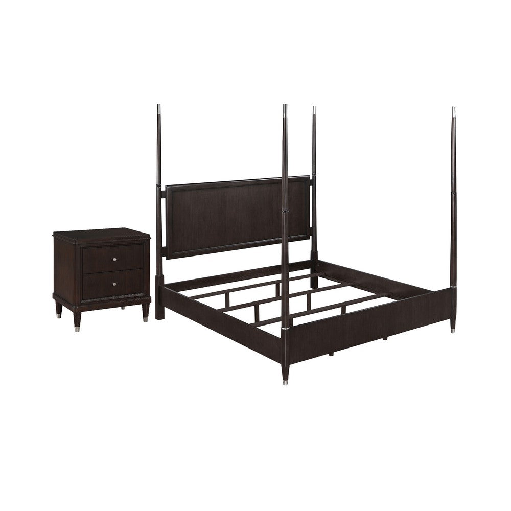 Queen Bedroom Set, Poster Design, Brown, Chrome, 2pc w Nightstand