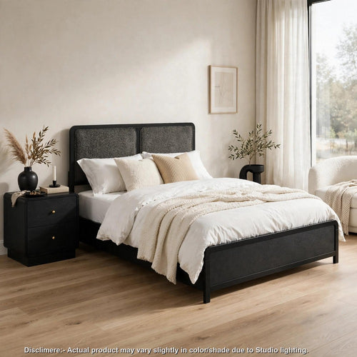 Queen Bedroom Set, Upholstered, Black, Charcoal Gray, 2pc w Nightstand