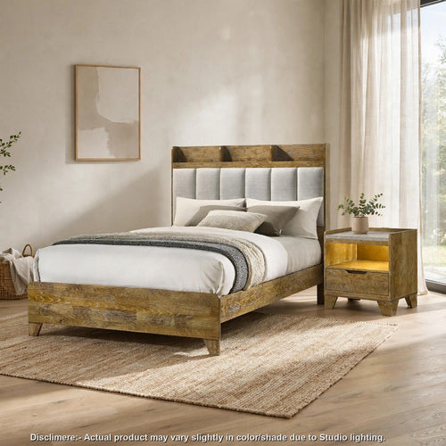 Queen Bedroom Set, Medium Oak Brown, Light Gray, 2pc w Nightstand