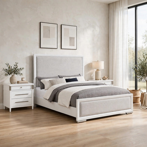 Queen Bedroom Set, Panel Design, White, Gray, 3pc w 2 Nightstands
