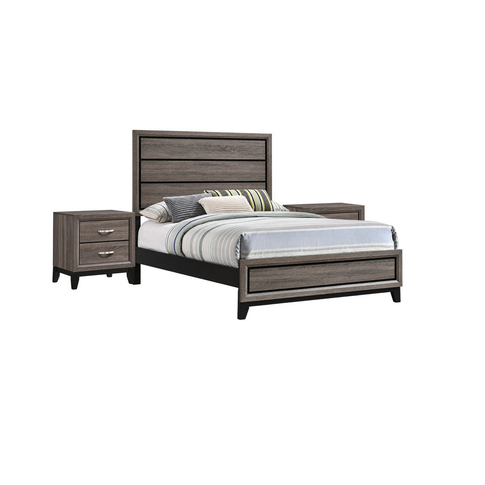 Full Bedroom Set, Gray and Black, 3 Piece Set with 2 Nightstands