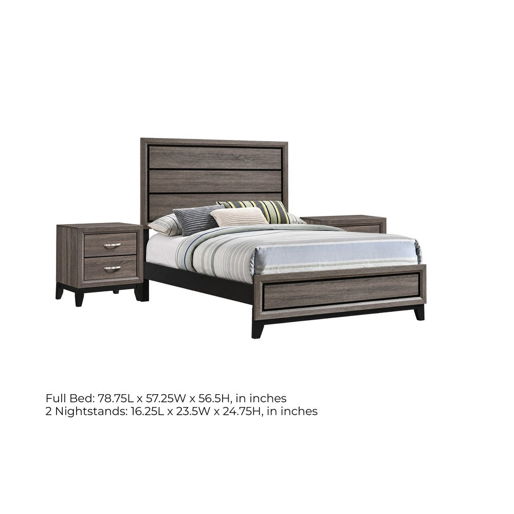 Full Bedroom Set, Gray and Black, 3 Piece Set with 2 Nightstands