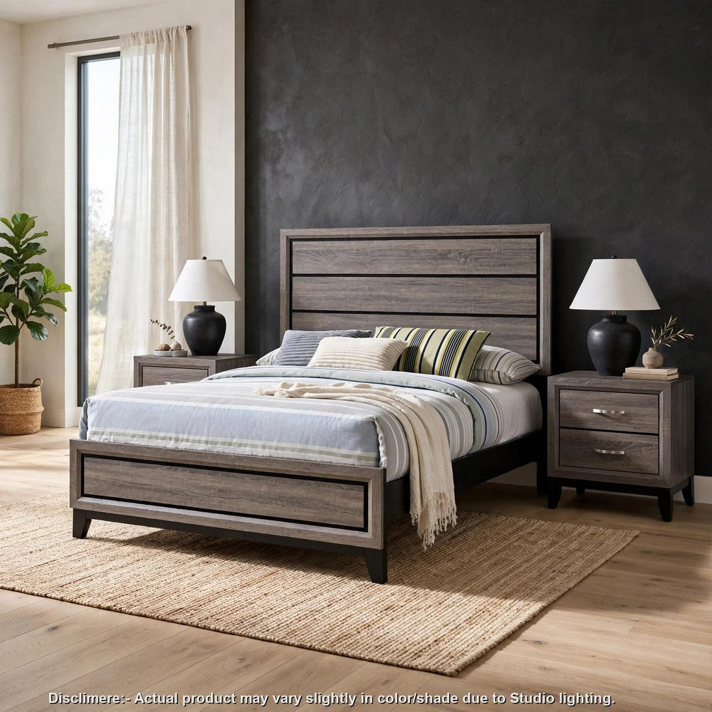 Full Bedroom Set, Gray and Black, 3 Piece Set with 2 Nightstands