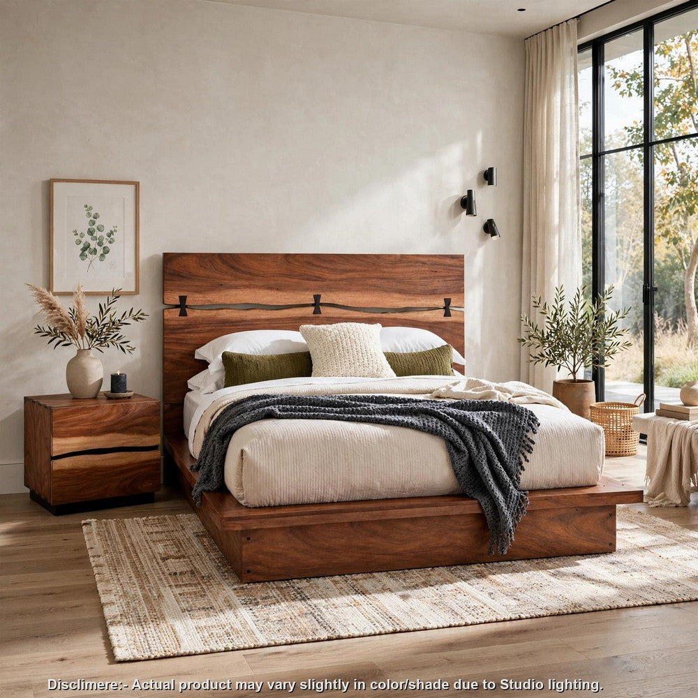 Queen Bedroom Set, Platform Design, Brown, 2 Piece Set with Nightstand