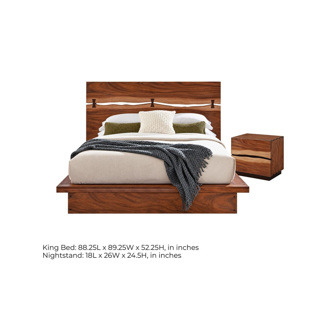 King Bedroom Set, Platform Design, Brown, 2 Piece Set with Nightstand
