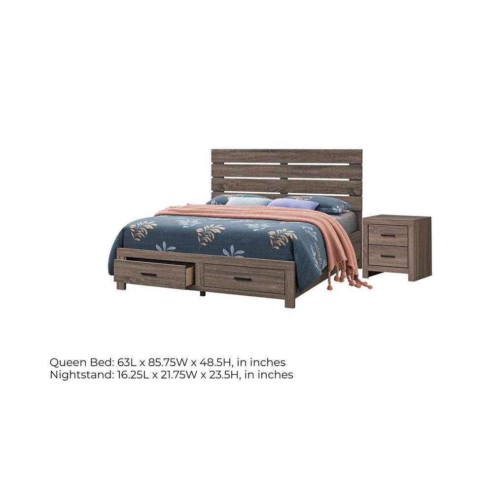 Queen Bedroom Set, Storage Design, Brown, 2 Piece Set with Nightstand