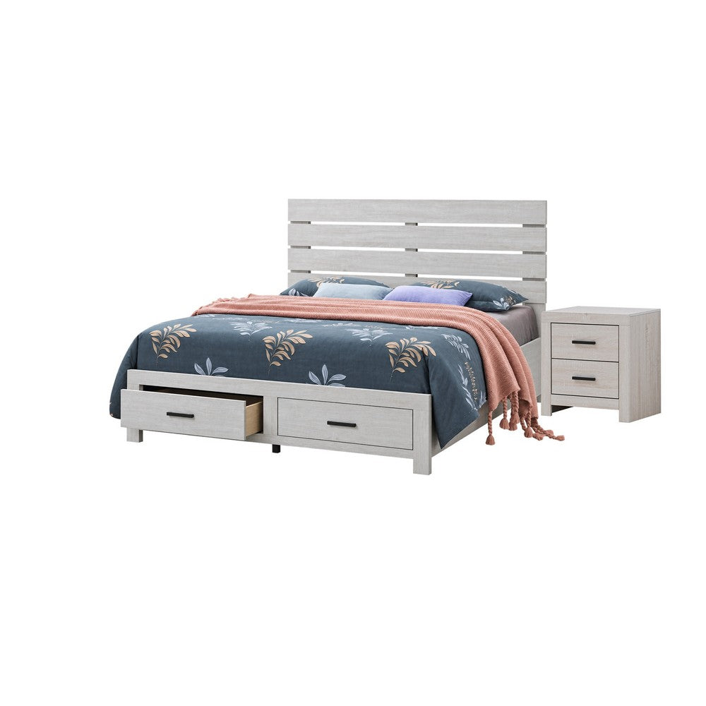 Queen Bedroom Set, Storage Design, White, 2 Piece Set with Nightstand