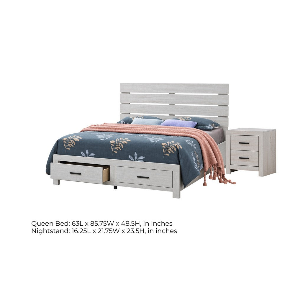 Queen Bedroom Set, Storage Design, White, 2 Piece Set with Nightstand