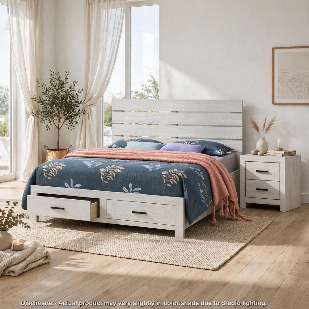 Queen Bedroom Set, Storage Design, White, 2 Piece Set with Nightstand