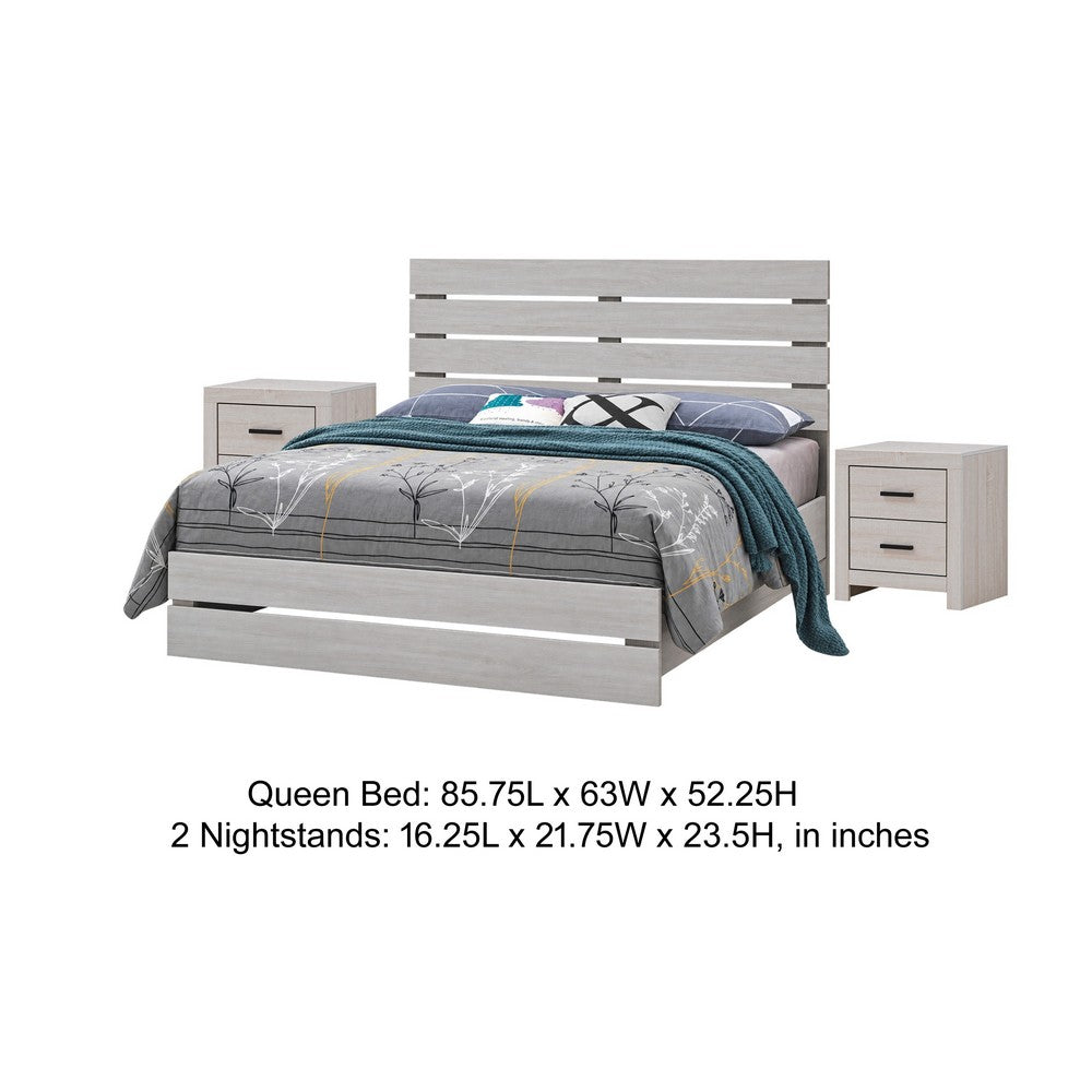 Queen Bedroom Set, White, 3 Piece Set with 2 Nightstands