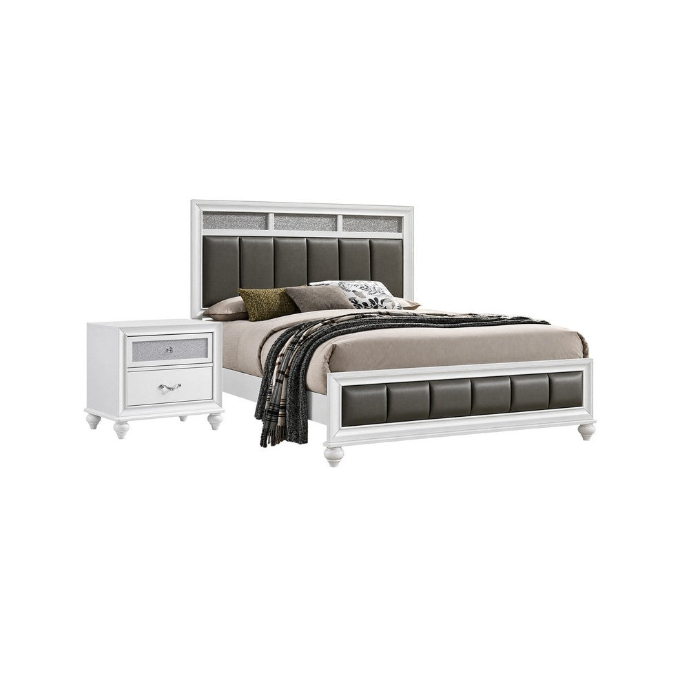 Queen Bedroom Set, White and Gray, 2 Piece Set with Nightstand