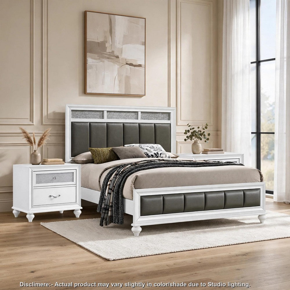 Queen Bedroom Set, White and Gray, 3 Piece Set with 2 Nightstands