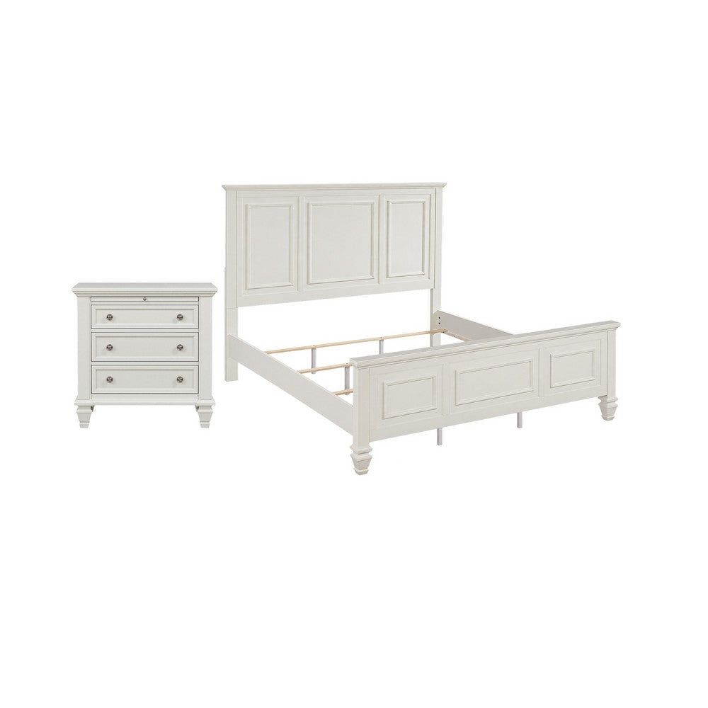 King Bedroom Set, White and Nickel, 2 Piece Set with Nightstand