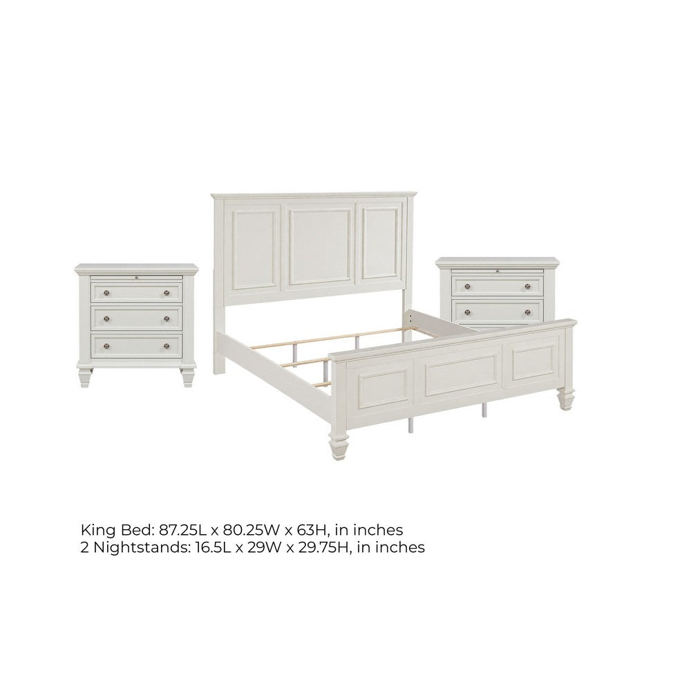 King Bedroom Set, White and Nickel, 3 Piece Set with 2 Nightstands