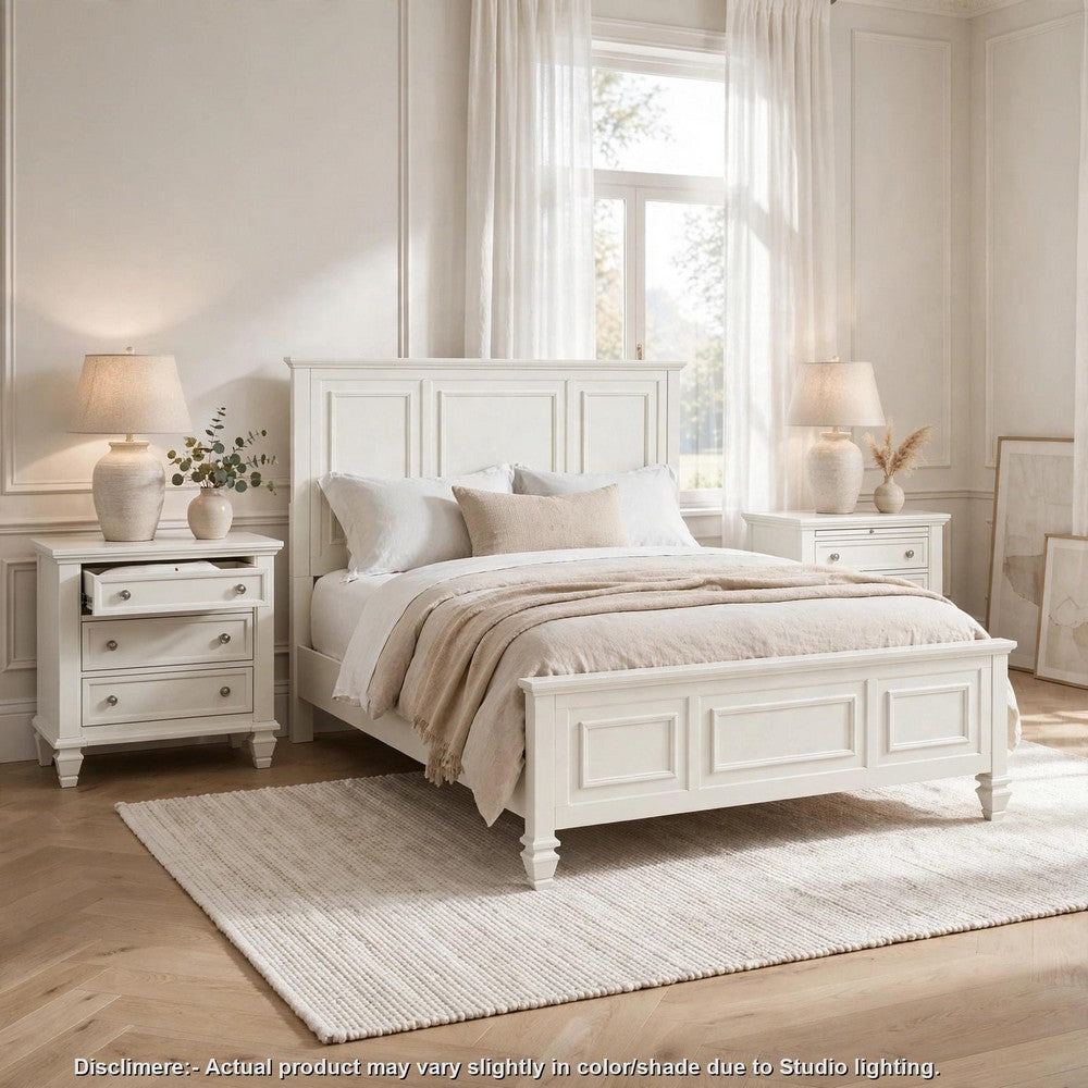 King Bedroom Set, White and Nickel, 3 Piece Set with 2 Nightstands