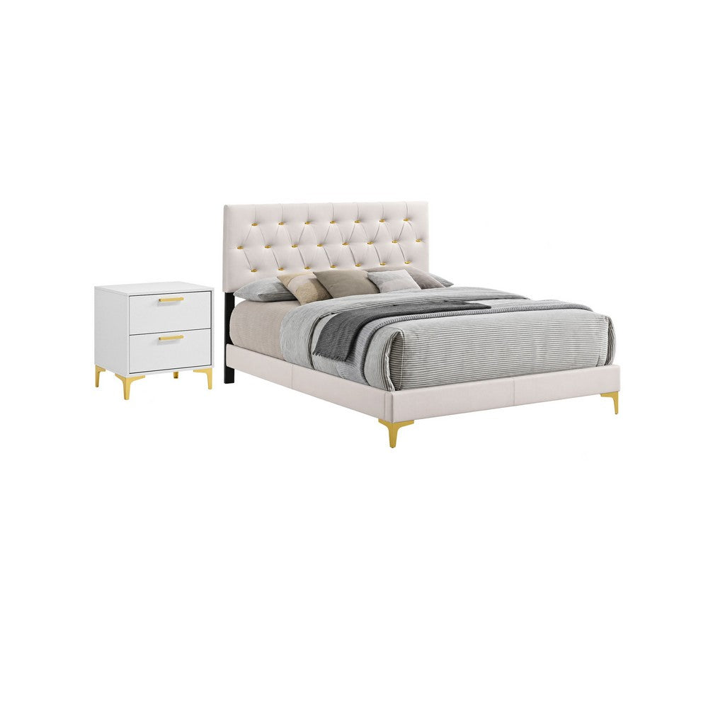 Queen Bedroom Set, White Velvet, and Gold, 2 Piece Set with Nightstand