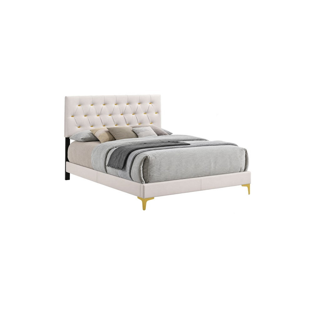 Queen Bedroom Set, White Velvet, and Gold, 2 Piece Set with Nightstand
