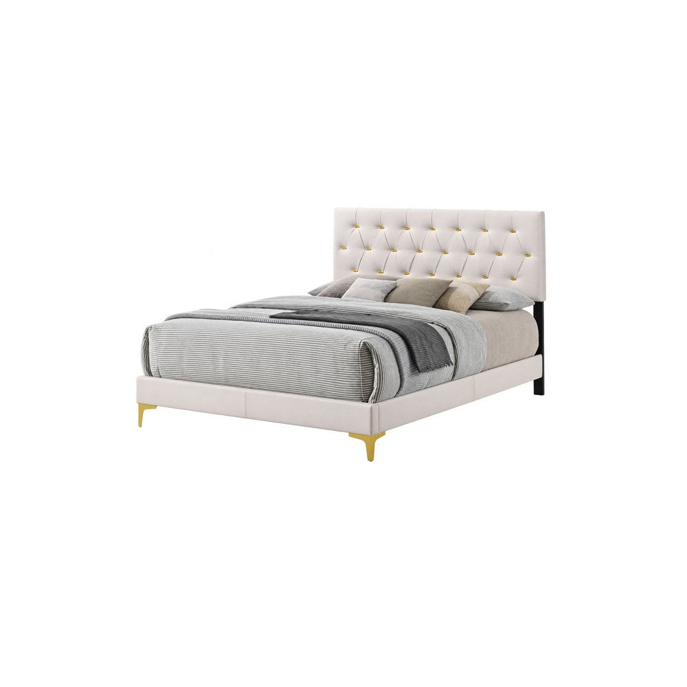 Queen Bedroom Set, White Velvet, and Gold, 2 Piece Set with Nightstand