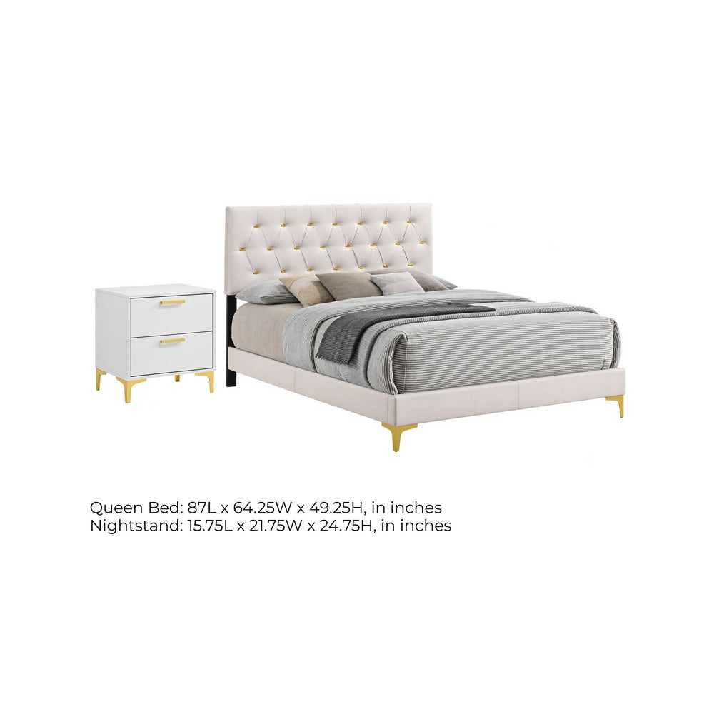 Queen Bedroom Set, White Velvet, and Gold, 2 Piece Set with Nightstand