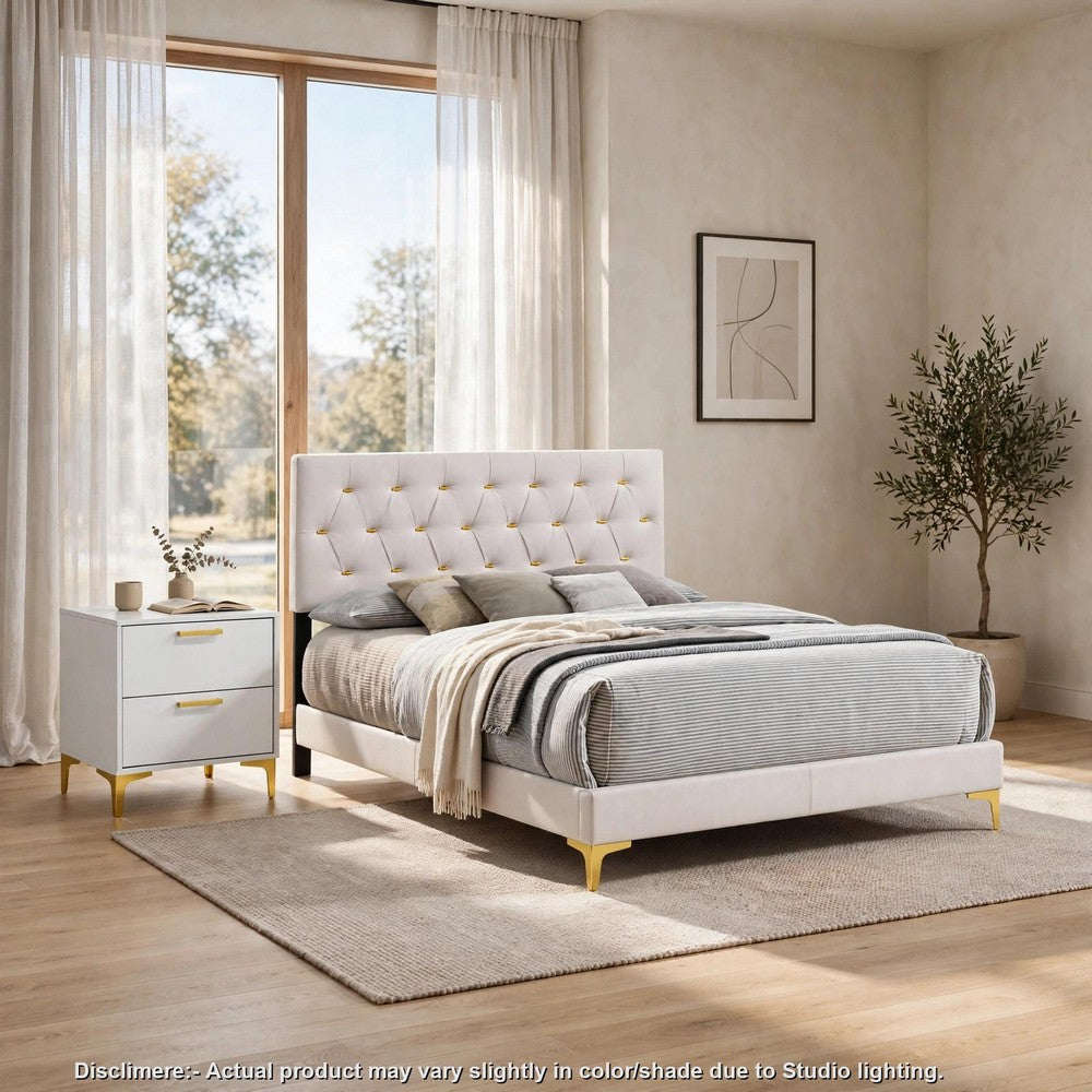 Queen Bedroom Set, White Velvet, and Gold, 2 Piece Set with Nightstand