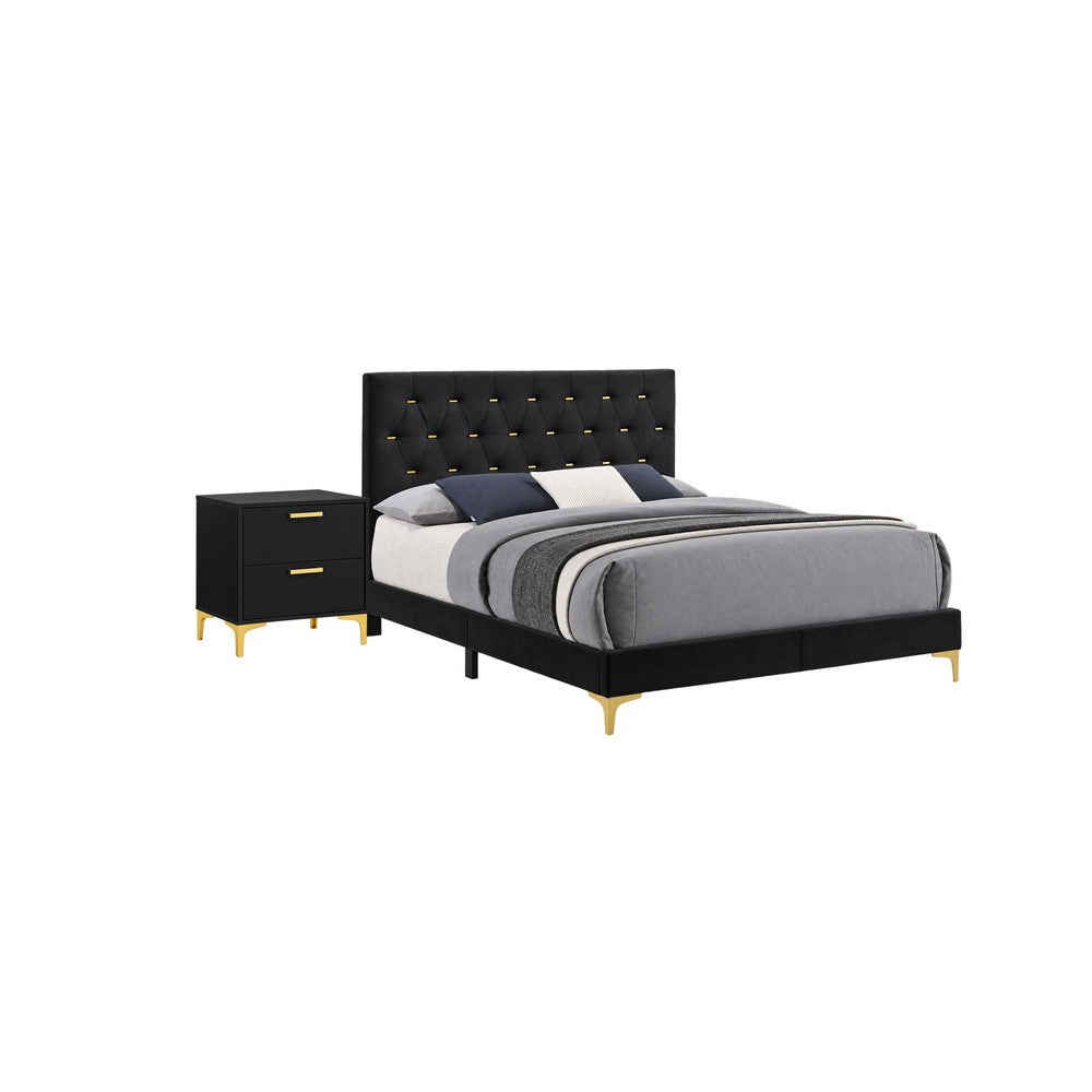 Queen Bedroom Set, Black and Gold, 2 Piece Set with Nightstand