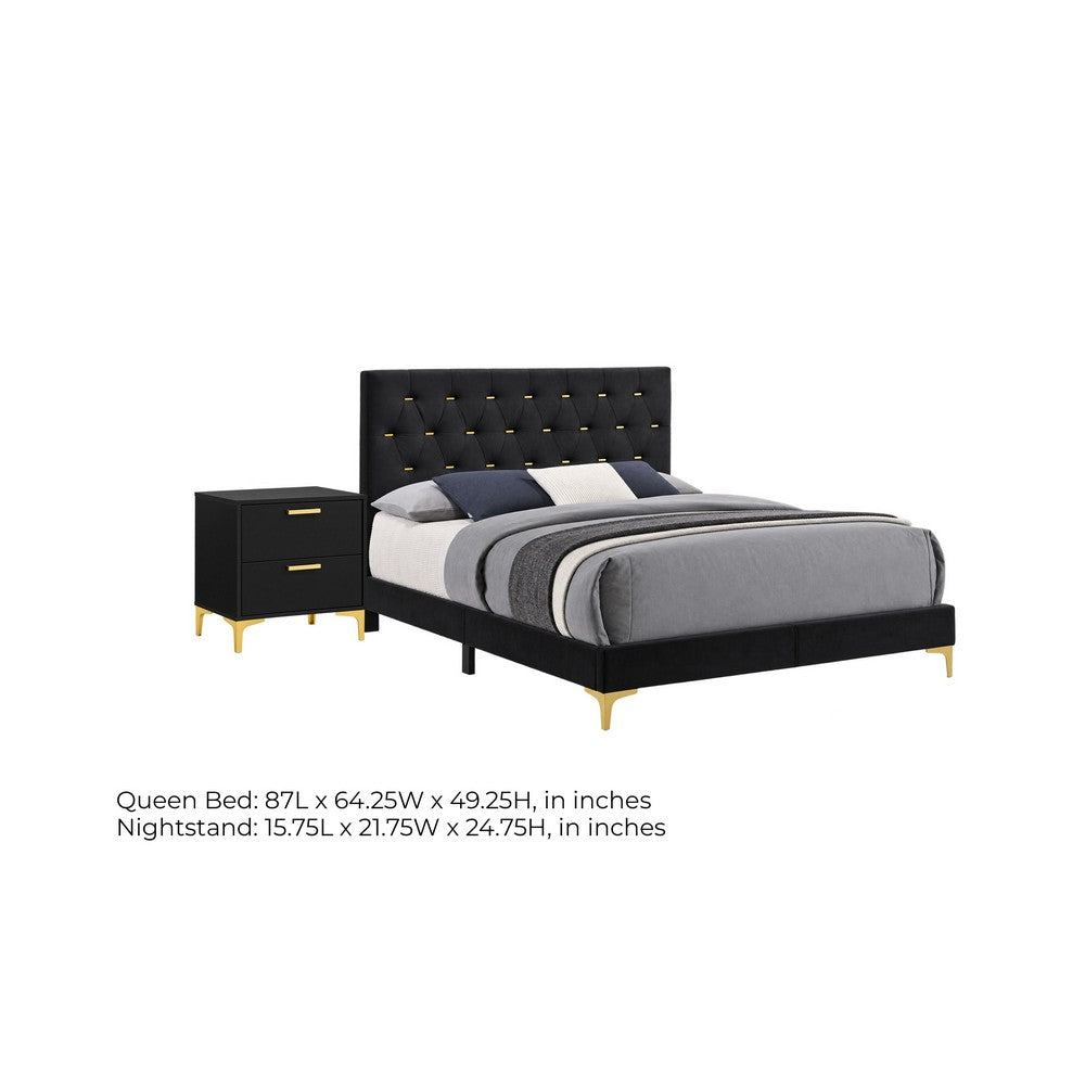 Queen Bedroom Set, Black and Gold, 2 Piece Set with Nightstand