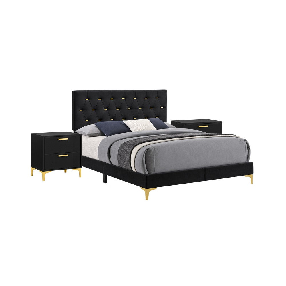 Queen Bedroom Set, Black and Gold, 3 Piece Set with 2 Nightstands