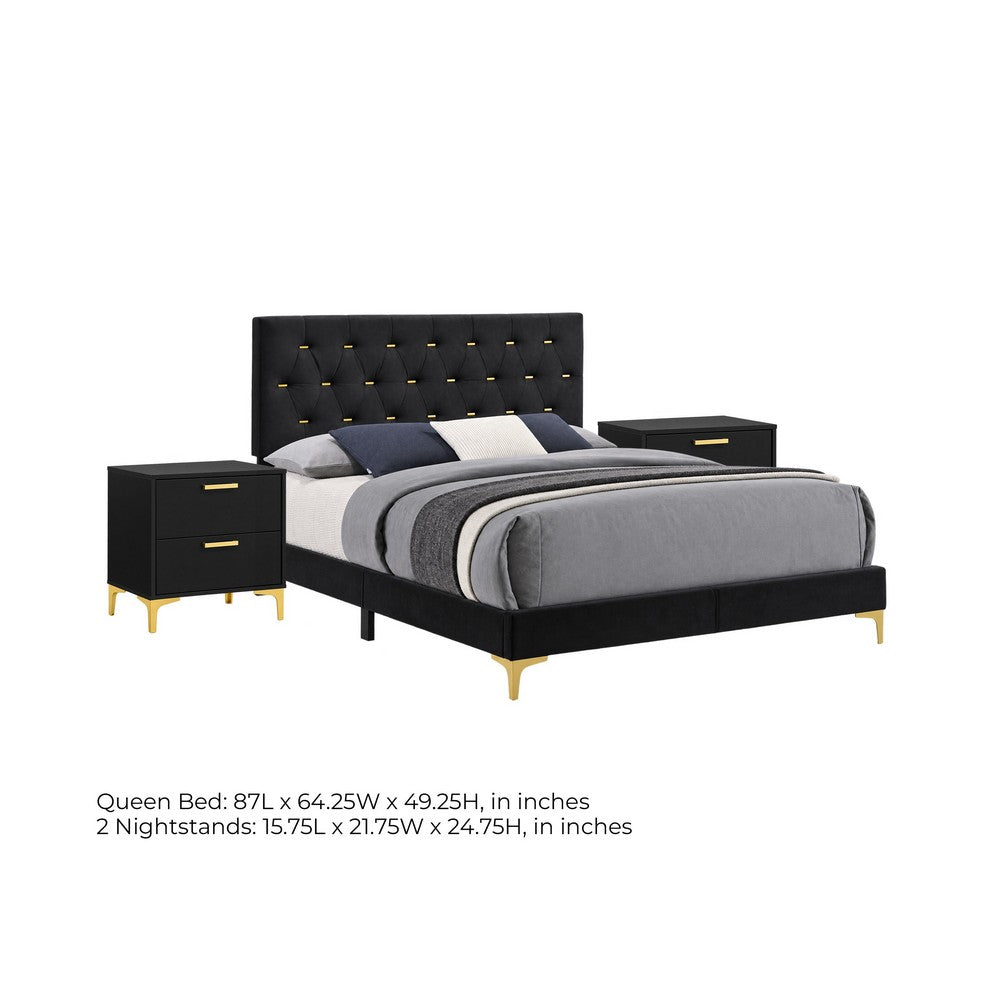 Queen Bedroom Set, Black and Gold, 3 Piece Set with 2 Nightstands
