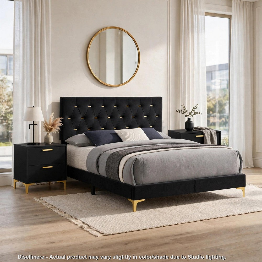 Queen Bedroom Set, Black and Gold, 3 Piece Set with 2 Nightstands